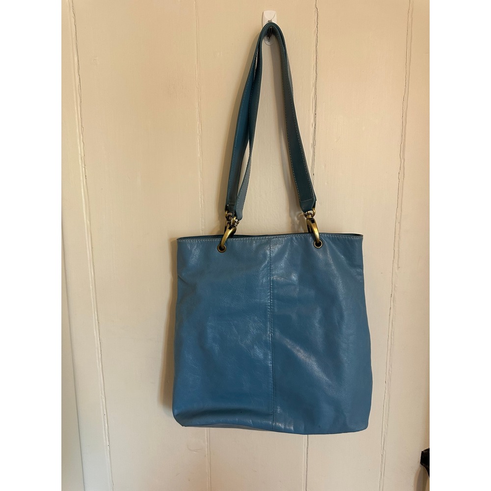 Slouchy Blue Hobo Leather Studded Grommet Shoulder Bag Tote Brass Hardware - Picture 7 of 7